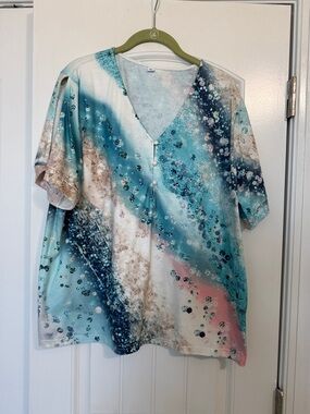 SHEIN Teal Blue Multi-Color V-Neck Short Sleeve Blouse